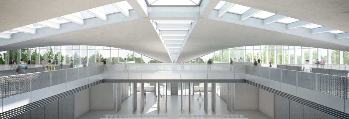 Innenansicht der Hyparschale mit Galerie und Großer Saal anlässlich der Sanierung - Entwurf des Architektenbüros gmp